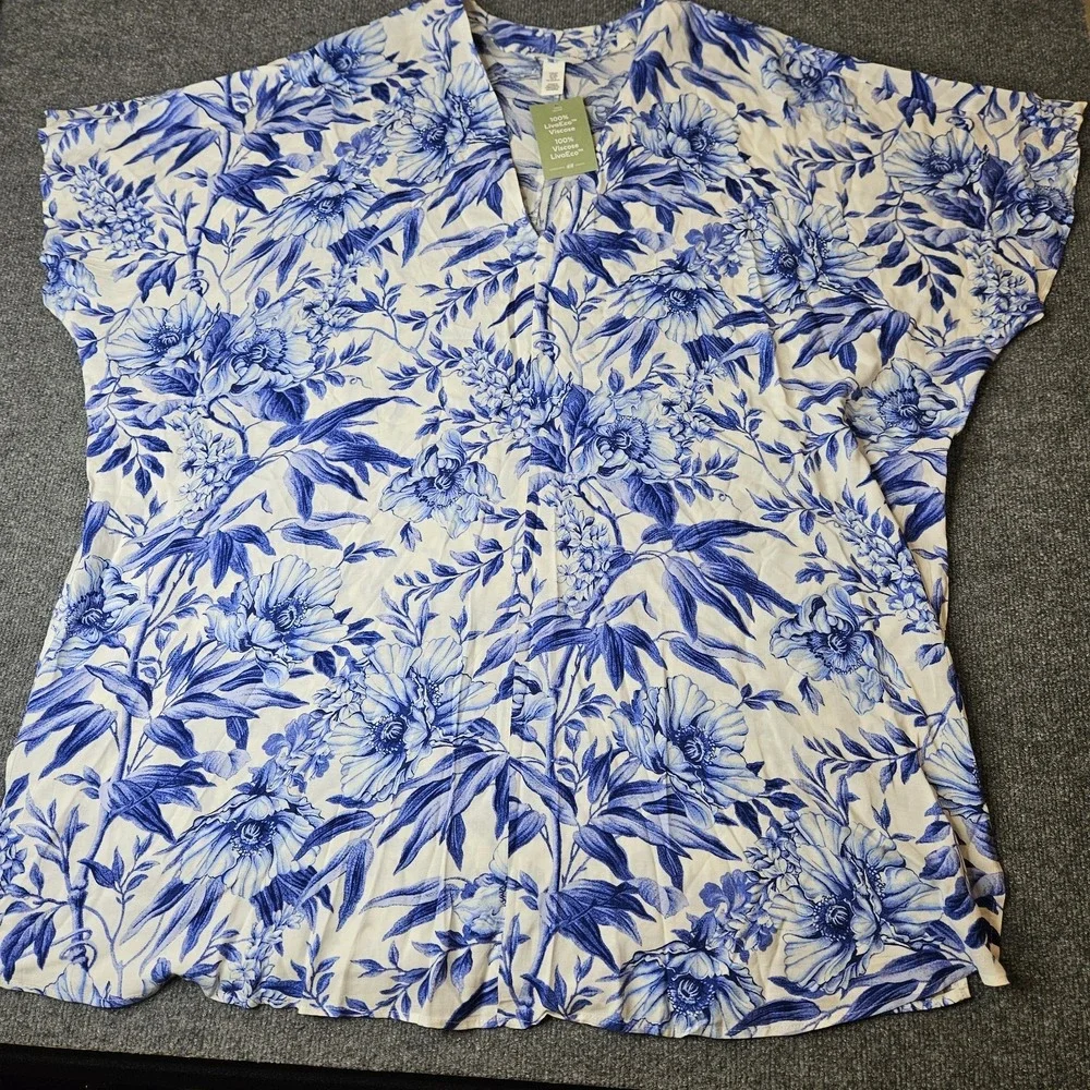 NWT H M Swim Cover Up‎ Blue Floral Delft Size Medium Large Vneck Resort Poolside